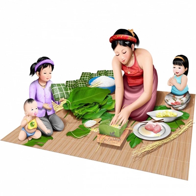 Hình ảnh mẹ và bé ngồi gói bánh chưng ngày tết - PNG