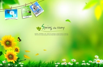 Photoshop file PSD Hình nền chủ đề mùa xuân . hoa hướng dương, hoa cúc, cây cỏ, lá cây