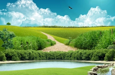 File PSD Phong cảnh đường đồng 4000 x 2600 300dpi. đồng cỏ, phong cảnh thiên nhiên, mây trời, cây lá, hồ nước