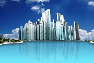 Phong cảnh khu đô thị nhà cao tầng Photoshop file PSD 5000x3300 300DPI. nhà cao tầng, thành phố, mặt nước, hồ nước, mây trời