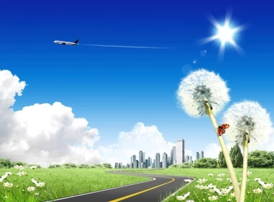 Phong cảnh thành phố xanh file PSD 3800x2800 300dpi. thành phố, hoa bồ công anh, đường đi, đồng cỏ, mây trời, bầu trời, máy bay photoshop psd
