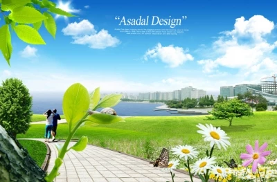 Photoshop Phong cảnh thành phố xanh file PSD 3500x2300 300dpi. thành phố, đồng cỏ, mầm cây, đường đi, bầu trời, mây trời, hoa cúc,
