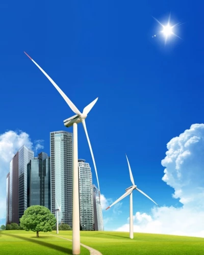 Photoshop Thành phố xanh và năng lượng gió file PSD 4000x5000 300DPI. thành phố, nhà cao tầng, tòa nhà, mây trời, tubin quạt gió, đồng cỏ, 